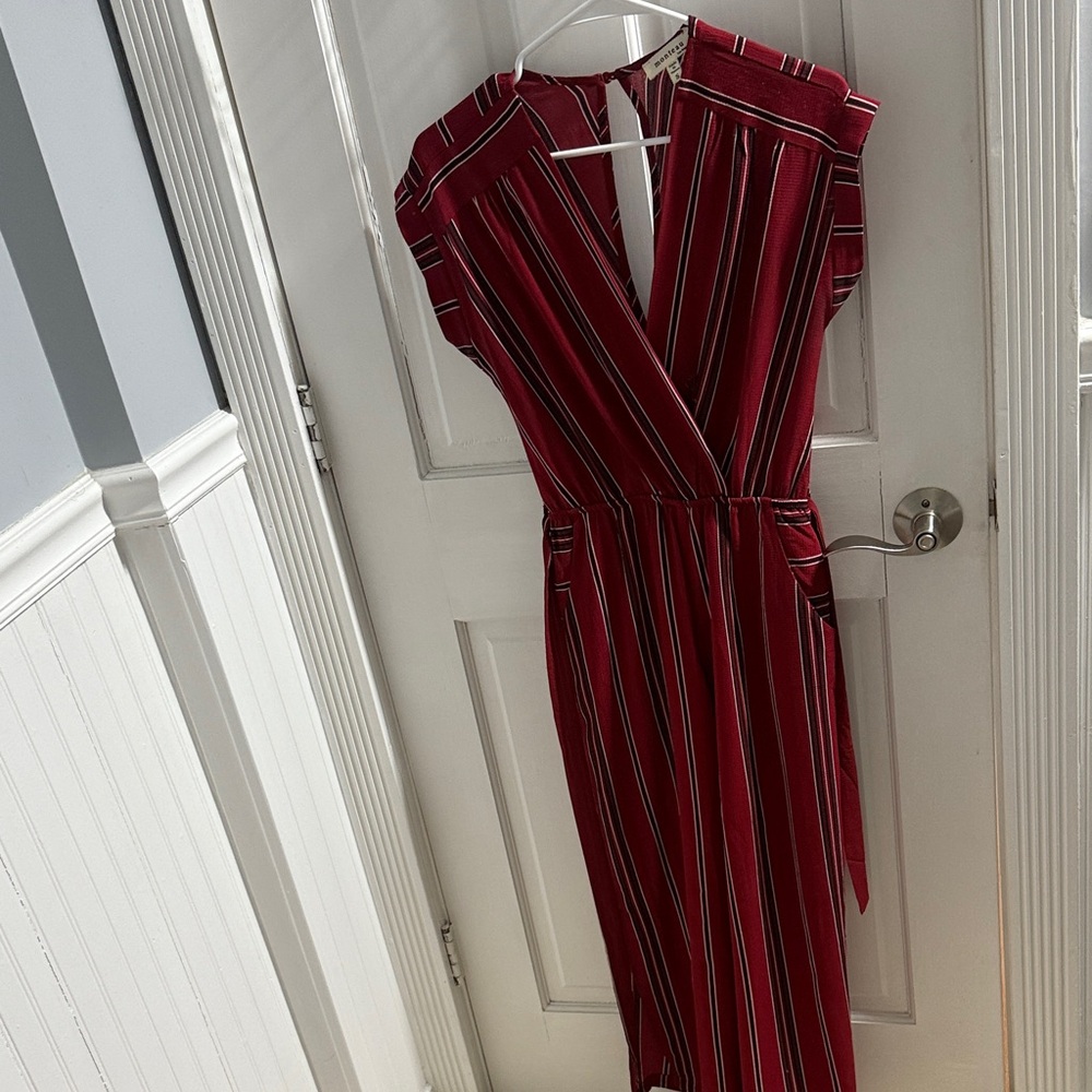 Chic Open Back Jumpsuit in Red with Black and White Stripes